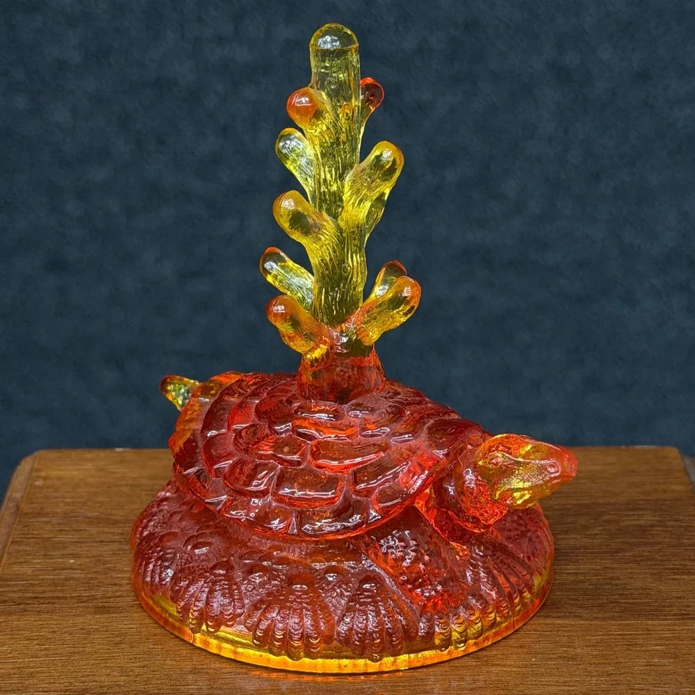 Vintage Fenton Amberina Glass Ring Tree Holder Turtle Shape Red Yellow Cadmium